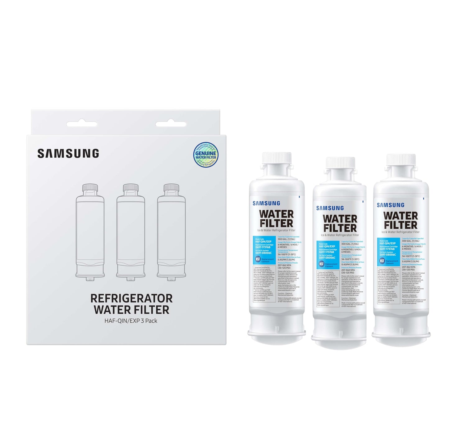 SAMSUNG Genuine Filter for Refrigerator Water and Ice, Carbon Block Filtration, Reduces 99% of Harmful Contaminants for Clean, Clear Drinking Water, 6-Month Life, HAF-QIN/EXP, 1 Pack