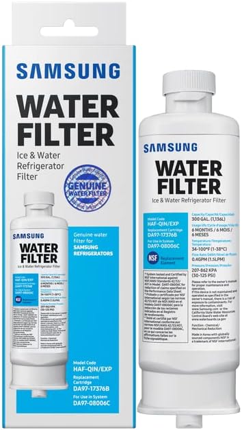 SAMSUNG Genuine Filter for Refrigerator Water and Ice, Carbon Block Filtration, Reduces 99% of Harmful Contaminants for Clean, Clear Drinking Water, 6-Month Life, HAF-QIN/EXP, 1 Pack
