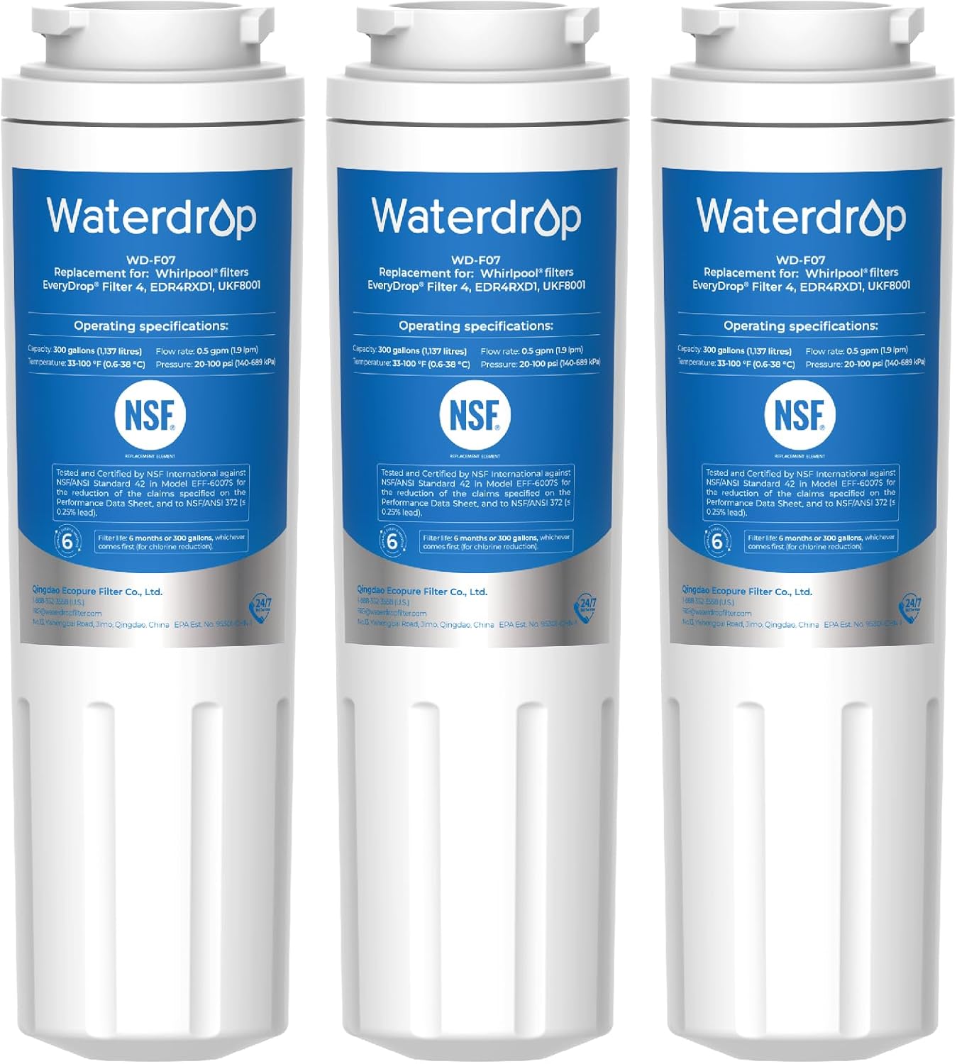 Waterdrop EDR4RXD1 Replacement for EveryDrop® Filter 4, Whirlpool® UKF8001, 4396395, Maytag® UKF8001AXX-200, UKF8001AXX-750, WD-F07, Refrigerator Water Filter, 3 Filters