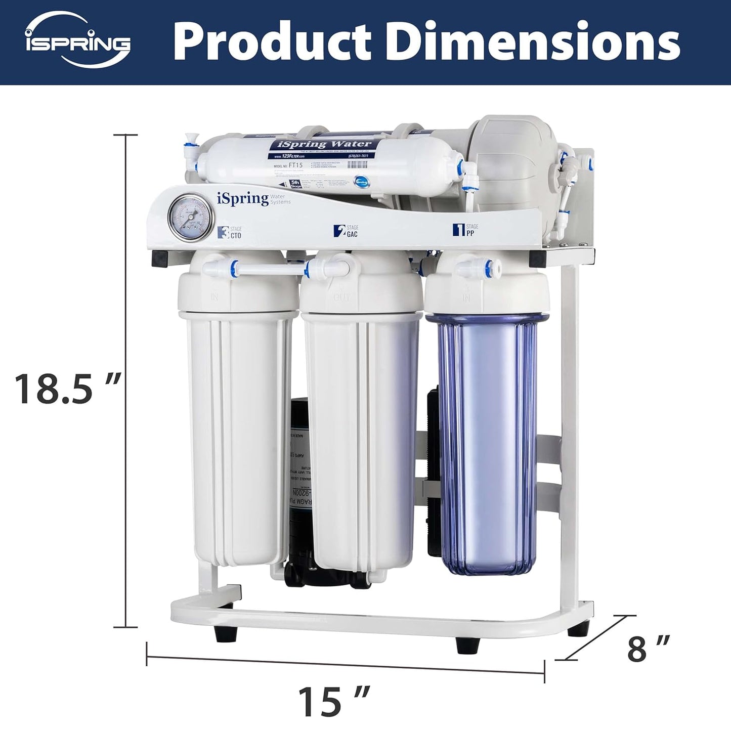 iSpring RCS5T Commercial Tankless Reverse Osmosis RO Water Filter System with 1.5:1 Pure to Drain Ratio, Pressure Gauge